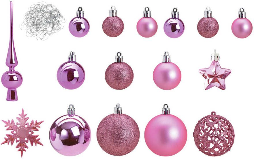 Merkloos Pakket met 110x stuks kunststof kerstballen ornamenten met piek roze Kerstbal