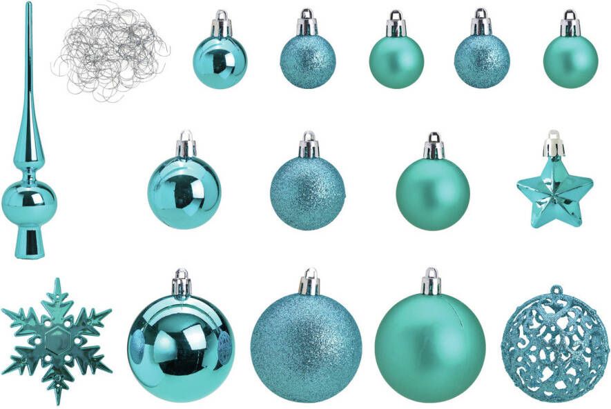 Merkloos Pakket met 110x stuks kunststof kerstballen ornamenten met piek turqouise Kerstbal