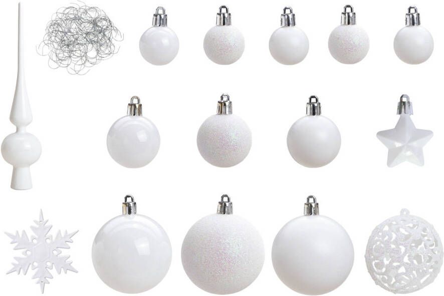 Merkloos Pakket met 110x stuks kunststof kerstballen ornamenten met piek wit Kerstbal