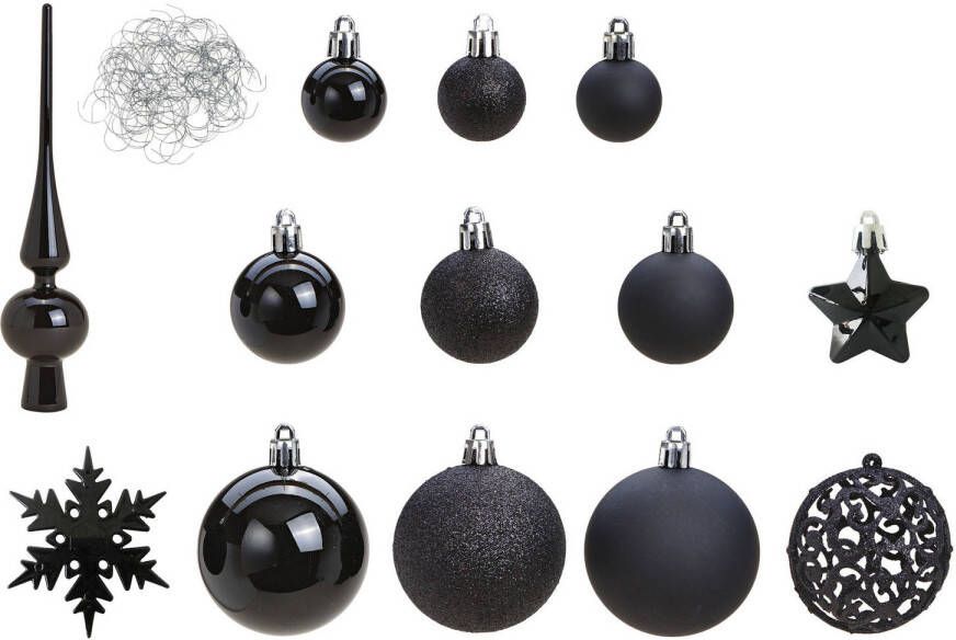 Merkloos Pakket met 110x stuks kunststof kerstballen ornamenten met piek zwart Kerstbal