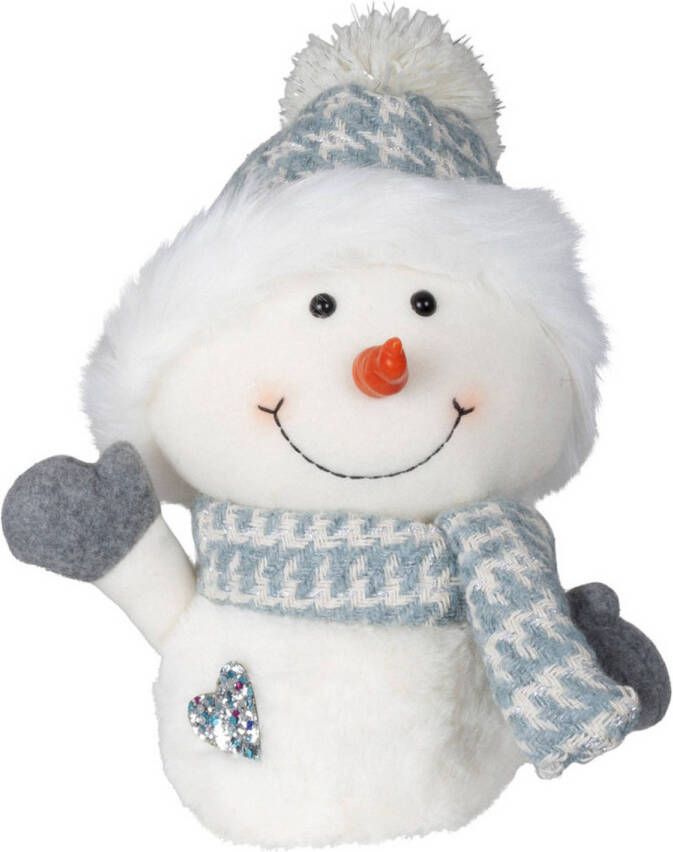 Merkloos Pluche decoratie sneeuwpop 27 cm blauw met sjaal en muts Kerstman pop
