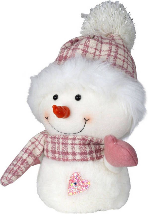 Merkloos Pluche decoratie sneeuwpop 27 cm roze pop met sjaal en muts Kerstman pop