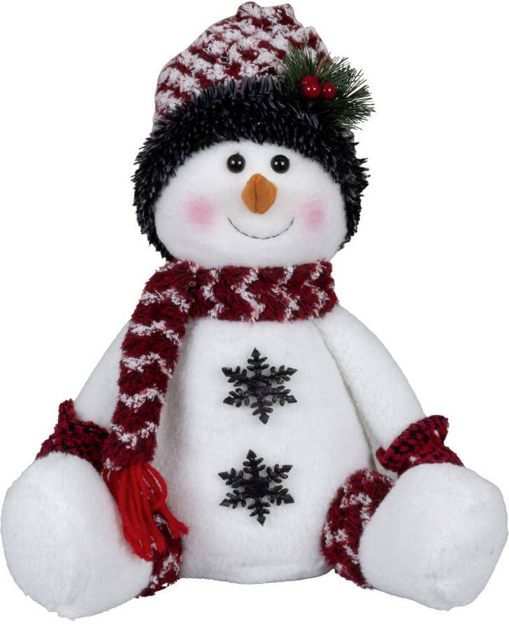 Merkloos Pluche decoratie sneeuwpop 36 cm met witte muts zittend Kerstman pop