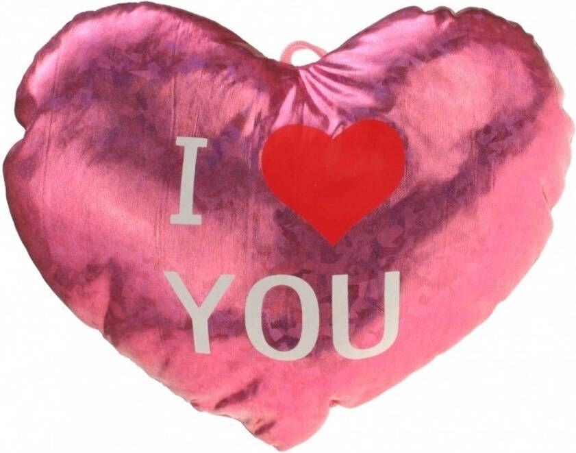 Merkloos Pluche glimmend roze hart kussen I Love You 14 cm Knuffelkussen