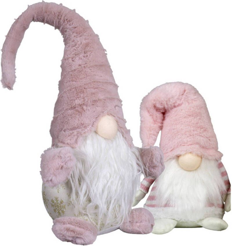 Merkloos Pluche knuffel gnomes dwergen set 2x st -20 en 46 cm lichtroze Kerstman pop