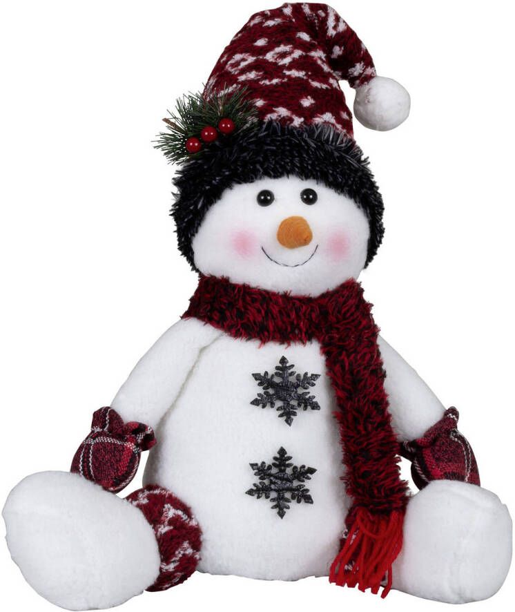 Merkloos Pluche sneeuwpop knuffel zittend 36 cm rode muts Kerstman pop