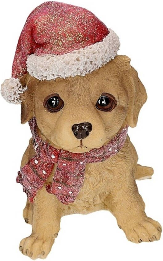 Merkloos Polystone Labrador met kerstmuts Kerstbeeldjes