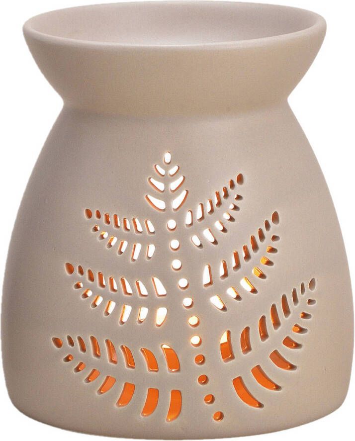 Merkloos Ronde geurbrander oliebrander met blad decoratie keramisch beige 11 x 13 cm Waxbrander Aromabrander Geurbranders