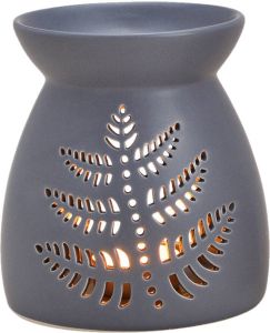 Merkloos Ronde geurbrander oliebrander met blad decoratie keramisch grijs 11 x 13 cm Waxbrander Aromabrander Geurbranders