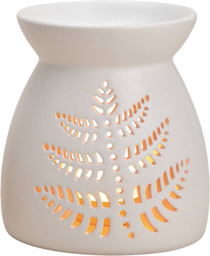 Merkloos Ronde geurbrander oliebrander met blad decoratie keramisch wit 11 x 13 cm Waxbrander Aromabrander Geurbranders