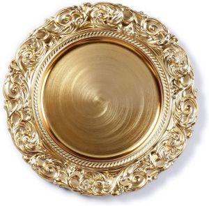 Merkloos Ronde gouden onderzet bord kaarsonderzetter met decoratieve rand 33 cm Kaarsenplateaus