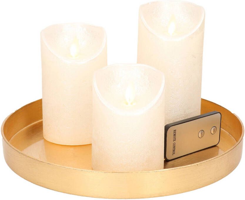 Merkloos Ronde kaarsenplateau goud van kunststof D27 cm met 3 parel witte LED-kaarsen 10 12 5 15 cm Tafeldecoratie Kaarsenplateaus