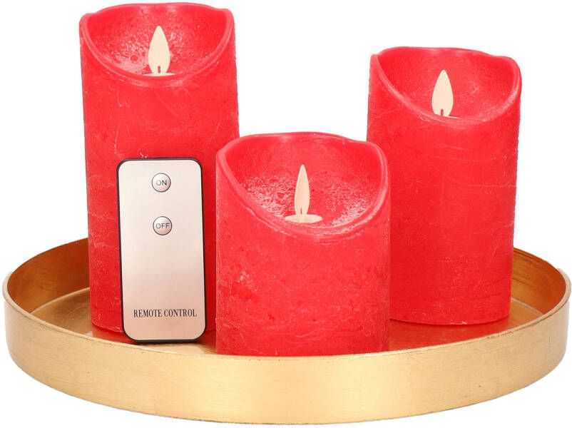 Merkloos Ronde kaarsenplateau goud van kunststof D27 cm met 3 rode LED-kaarsen 10 12 5 15 cm Tafeldecoratie Kaarsenplateaus