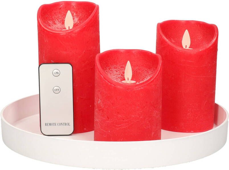 Merkloos Ronde kaarsenplateau wit van kunststof D27 cm met 3 rode LED-kaarsen 10 12 5 15 cm Tafeldecoratie Kaarsenplateaus