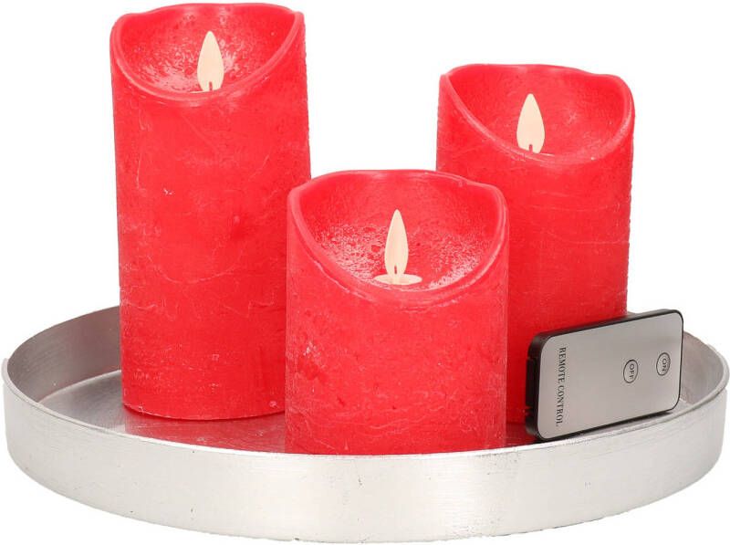 Merkloos Ronde kaarsenplateau zilver van kunststof D27 cm met 3 rode LED-kaarsen 10 12 5 15 cm Tafeldecoratie Kaarsenplateaus