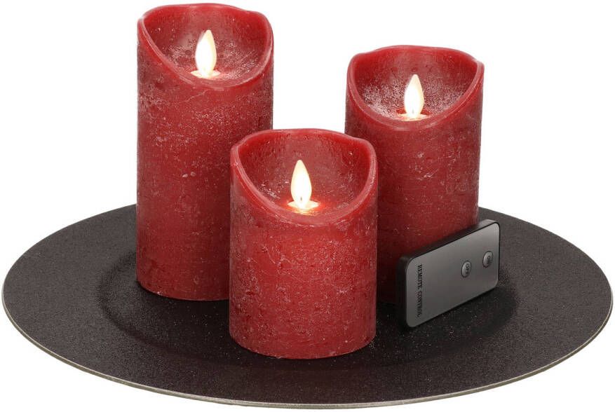 Merkloos Ronde kaarsenplateau zwart van kunststof D33 cm met 3 bordeaux rode LED-kaarsen 10 12 5 15 cm Kaarsenplateaus