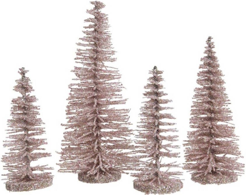 Decoris Set van 4x stuks decoratie kerstboompjes glitter roze 4 stuks Kerstdorpen