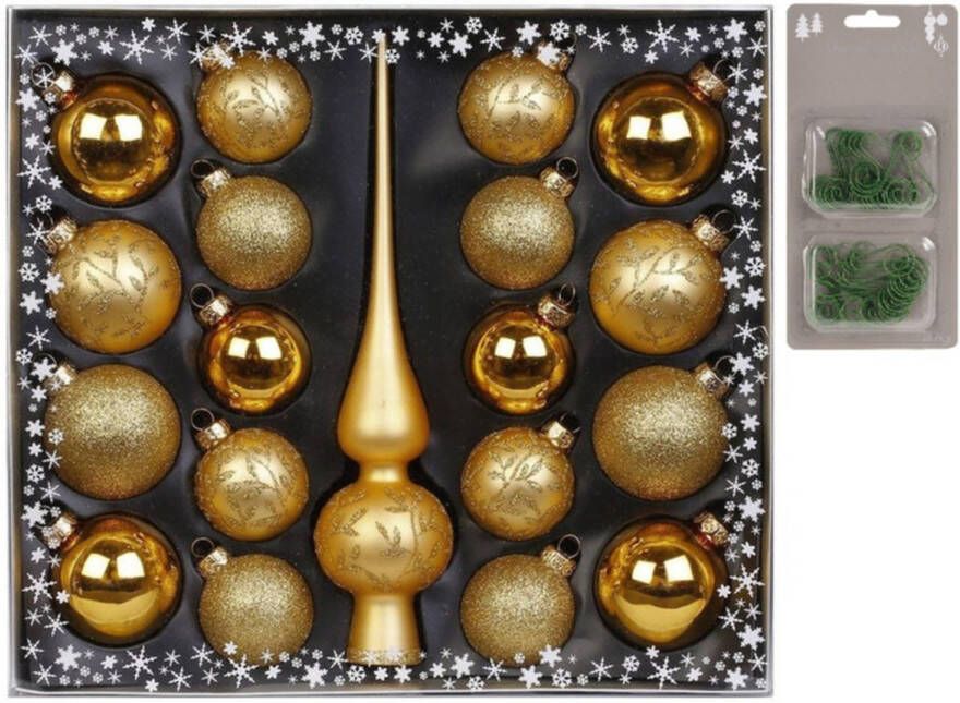 Merkloos Set 19-delig met glazen kerstballen en piek goud incl 40x haakjes Kerstbal