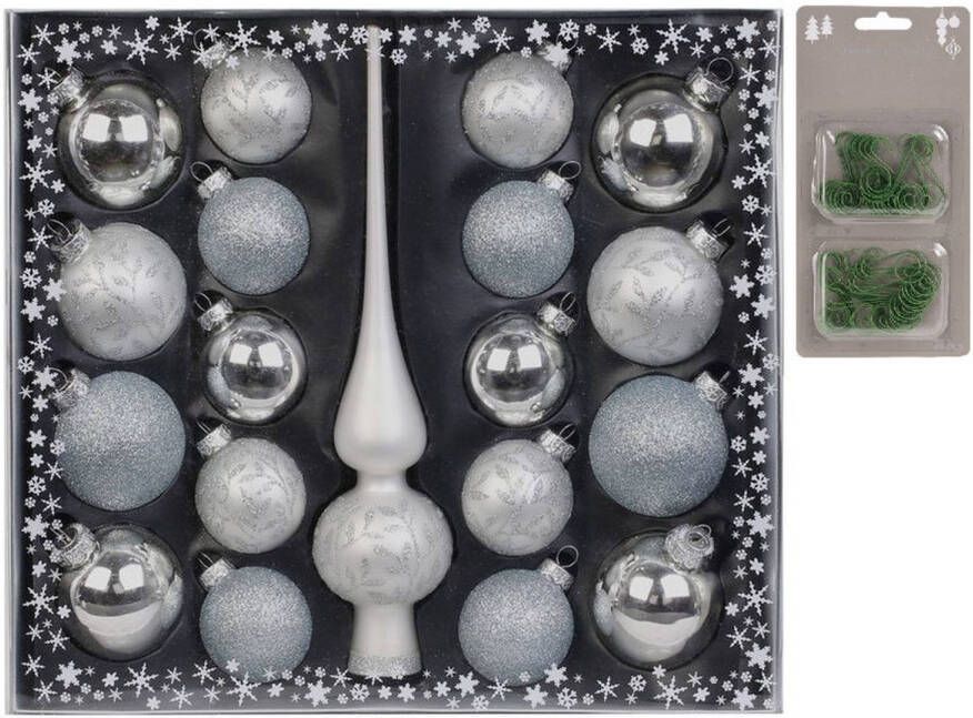 Merkloos Set 19-delig met glazen kerstballen en piek zilver incl 40x haakjes Kerstbal