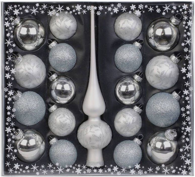 Merkloos Set 19-delig met glazen kerstballen en piek zilver Kerstbal