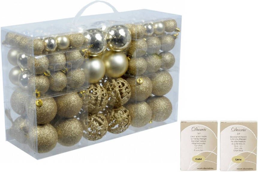 Merkloos Set van 100x voordelige gouden kerstballen met kerstbalhaakjes Kerstbal