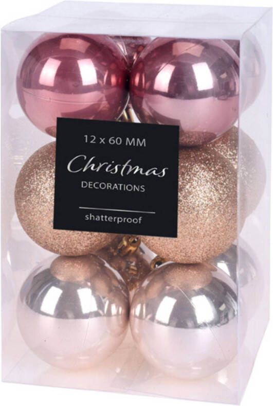 Merkloos Set van 12 kerstballen 6 cm Goud rose Glanzend glitter