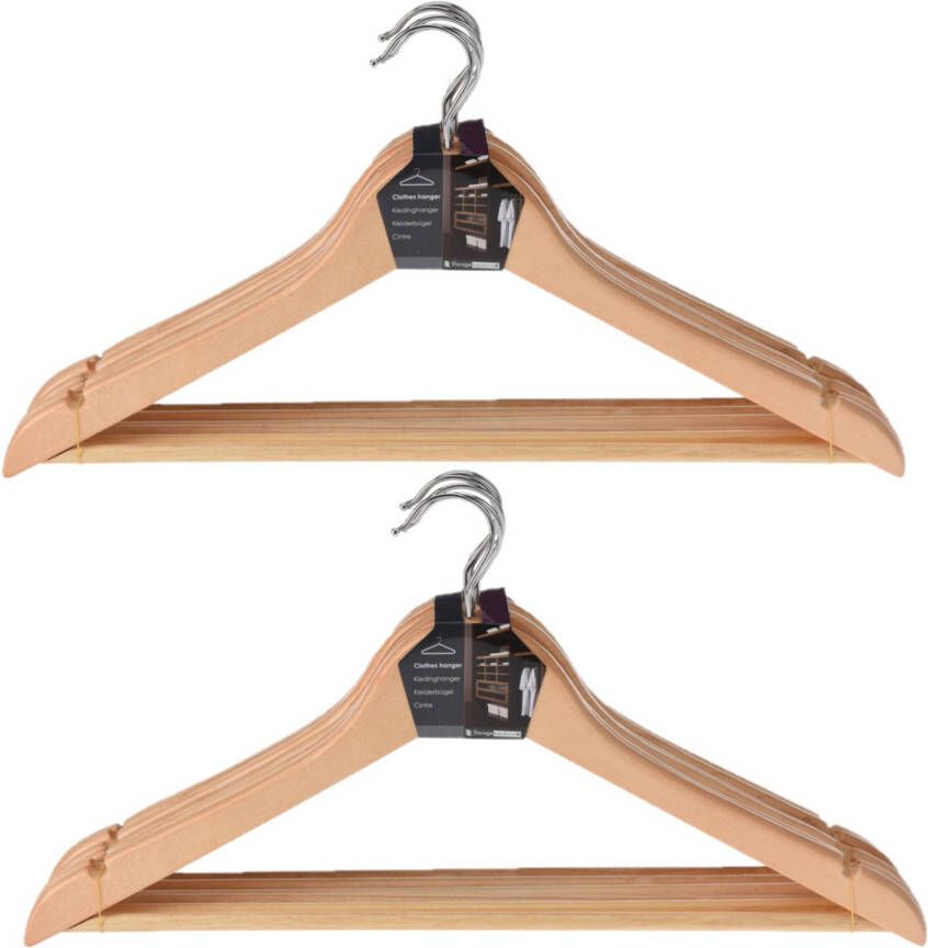 Merkloos Set van 12x houten kledinghangers met broekstang Kledinghangers
