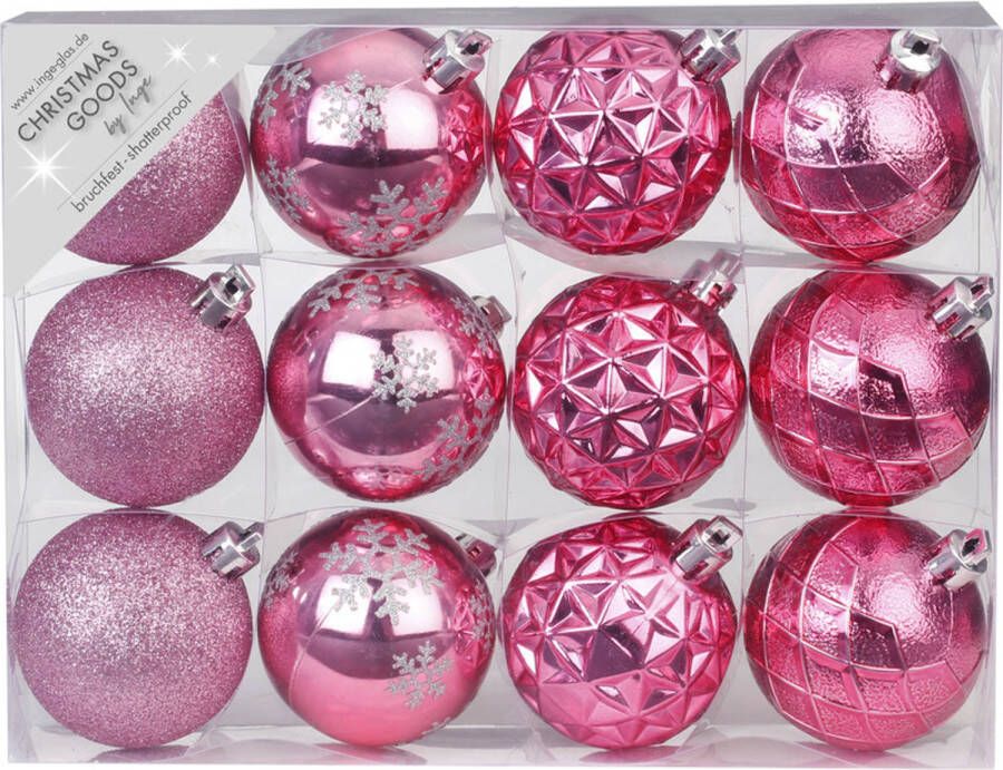 Merkloos Set van 12x luxe roze kerstballen 6 cm kunststof mat glans Kerstbal