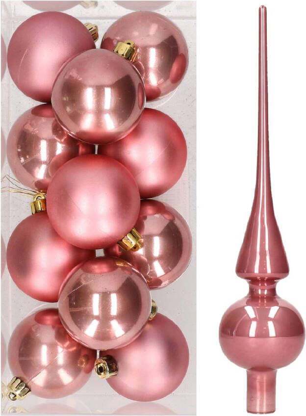 Merkloos Set van 12x stuks kunststof kerstballen 6 cm inclusief glazen piek lichtroze Kerstbal