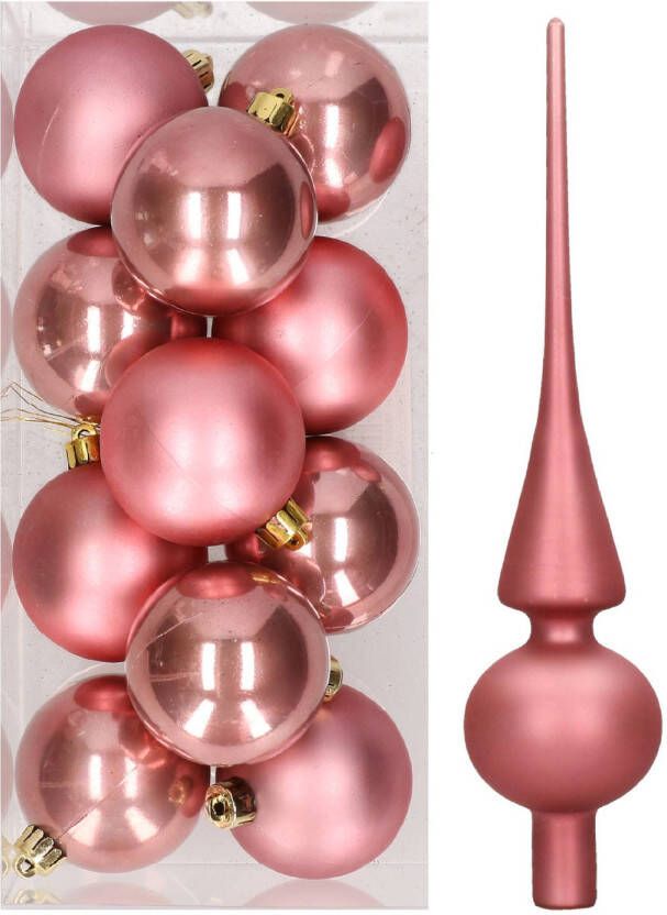 Merkloos Set van 12x stuks kunststof kerstballen 6 cm inclusief glazen piek lichtroze Kerstbal