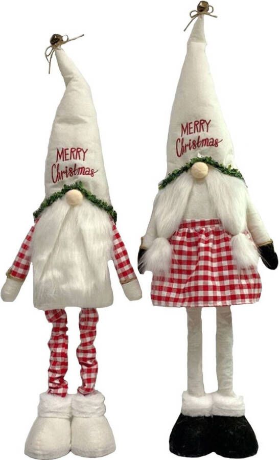 Merkloos Set van 2 stuks Gnome Staand 100 cm en laag naar 75 cm Met Led Kerst Kabouter Puntmuts Gevuld met pluche