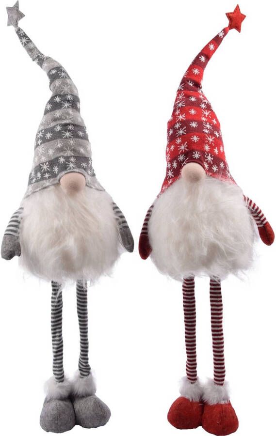 Merkloos Set van 2 stuks Gnome Staand 108 cm en laag naar 70 cm Rood Grijs Met Led Kerst Kabouter Puntmuts Gevuld met pluche