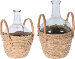 Merkloos Set van 2x flesvazen glas transparant met gevlochten rieten mand 27 en 31 cm Woondecoratie vazen