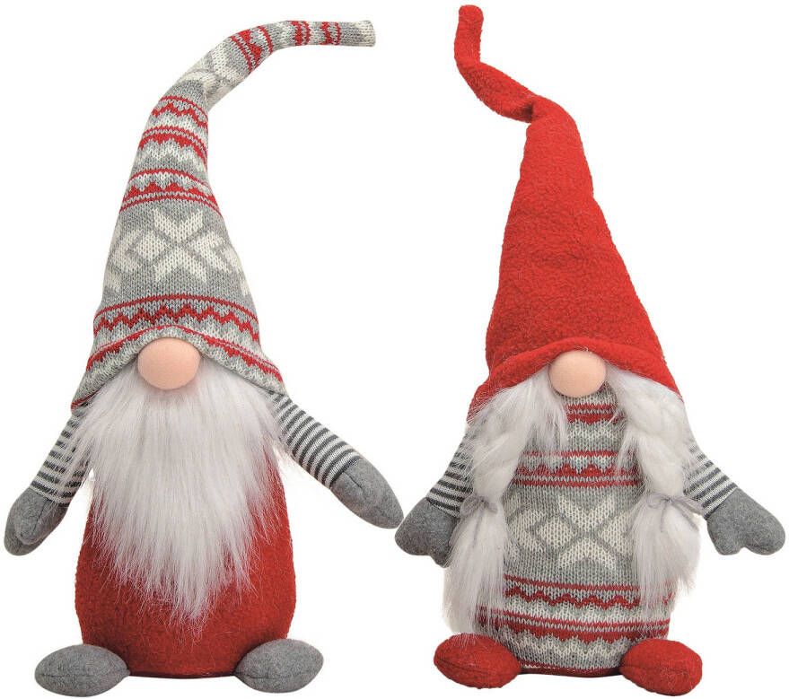 Merkloos Set van 2x Pluche gnome dwerg decoratie poppen knuffels rood grijs Kerstman pop