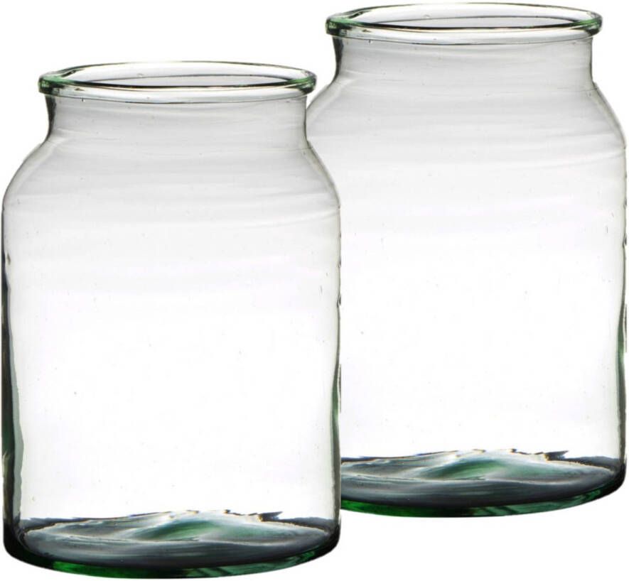 Merkloos Set van 2x stuks bloemenvazen van gerecycled glas met hoogte 25 cm en diameter 19 cm Glazen transparante vazen