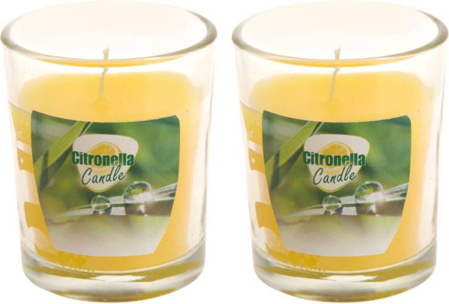 Merkloos Set van 2x stuks citronella anti muggen kaarsen in transparant glas 5 x 6 cm geurkaarsen