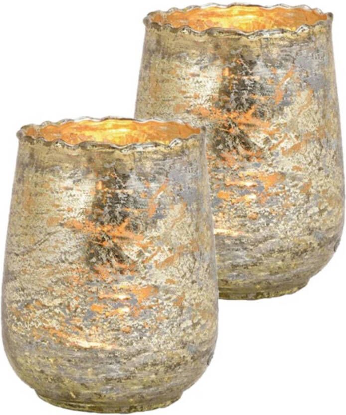 Merkloos Set van 2x stuks glazen design windlicht kaarsenhouder in de kleur champagne goud met formaat 10 x 12 x 10 cm. Voor waxinelichtjes Waxinelichtjeshouders