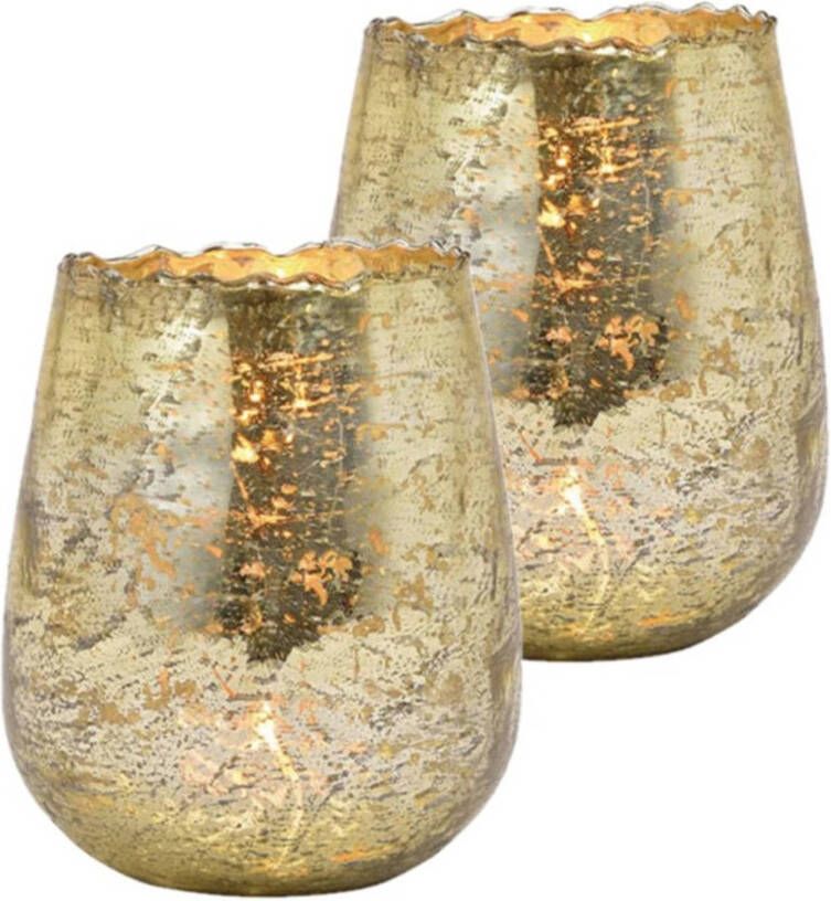 Merkloos Set van 2x stuks glazen design windlicht kaarsenhouder in de kleur champagne goud met formaat 12 x 15 x 12 cm. Voor waxinelichtjes Waxinelichtjeshouders