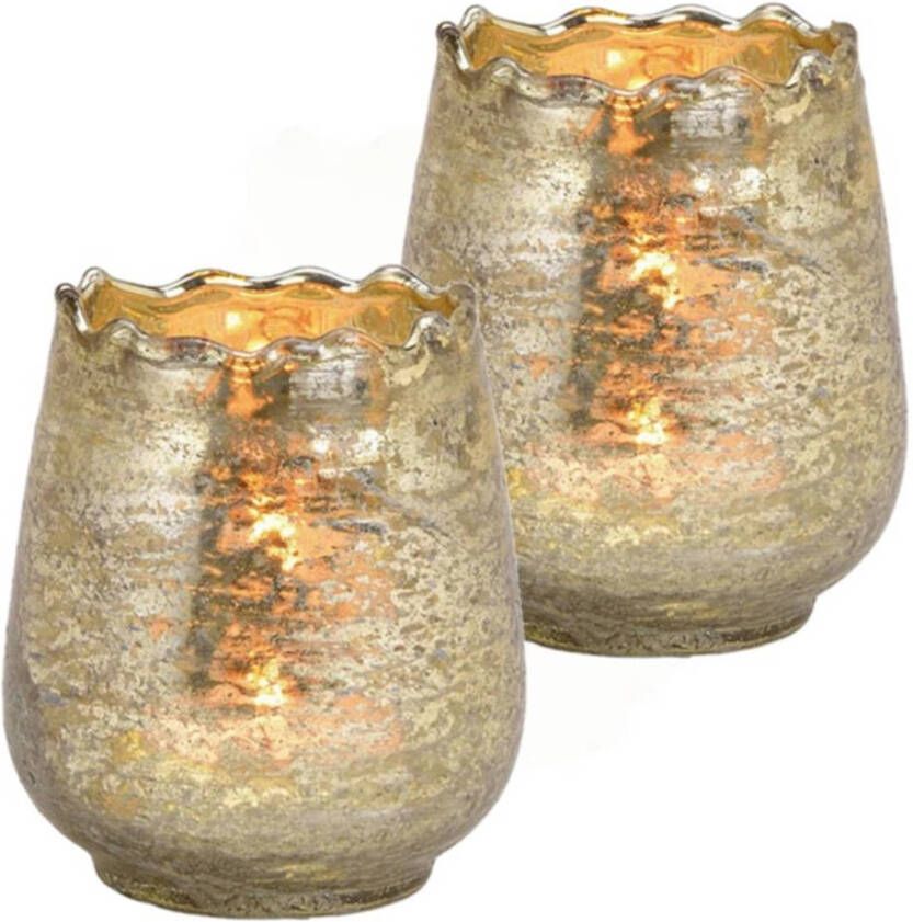 Merkloos Set van 2x stuks glazen design windlicht kaarsenhouder champagne goud 8 x 9 x 8 cm Waxinelichtjeshouders