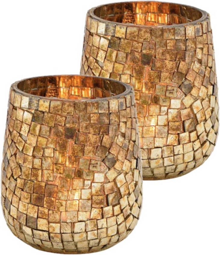 Merkloos Set van 2x stuks glazen design windlicht kaarsenhouder in de kleur mozaiek champagne goud met formaat 11 x 10 cm. Voor waxinelichtjes Waxinelichtjeshouders