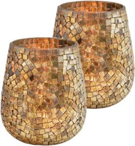 Merkloos Set van 2x stuks glazen design windlicht kaarsenhouder in de kleur mozaiek champagne goud met formaat 15 x 13 cm. Voor waxinelichtjes Waxinelichtjeshouders