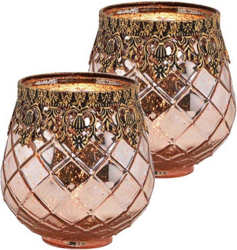 Merkloos Set van 2x stuks glazen design windlicht kaarsenhouder in de kleur rose goud met formaat 13 x 14 x 13 cm. Voor waxinelichtjes Waxinelichtjeshouders