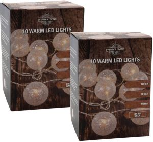 Merkloos Set van 2x stuks lichtsnoer met 10 witte glitter bolletjes warm wit op batterij 135 cm Kerstverlichting Lichtsnoeren