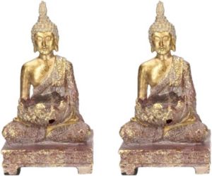 Merkloos Set van 2x stuks goud boeddha beeldje met waxine theelicht houder 18 cm Woondecoratie Kaarsenhouder Beeldjes