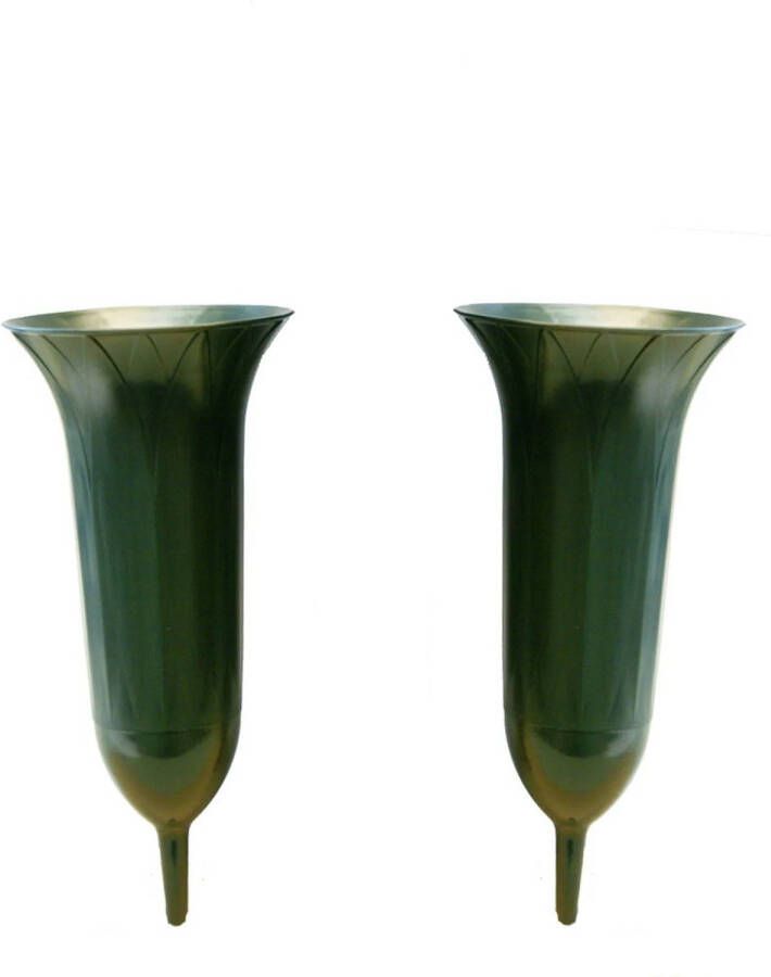 Merkloos Set van 2x stuks grafbloemen vazen van plastic groen 25 cm op prikker Vazen