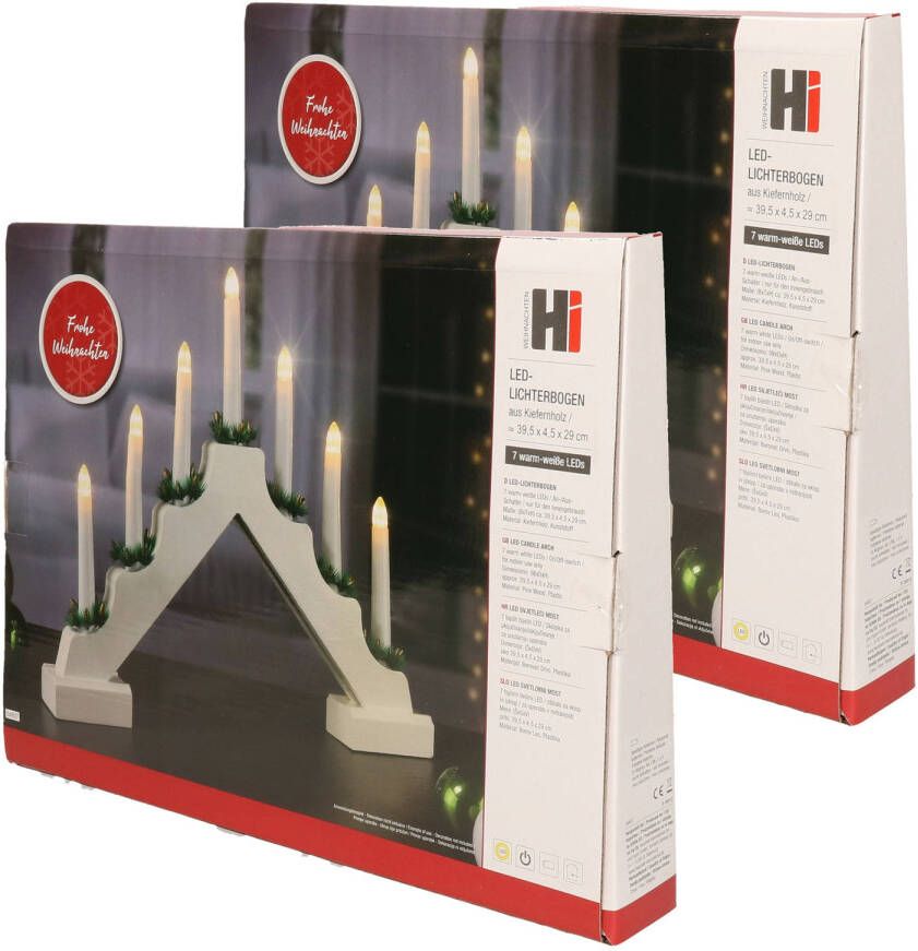 Merkloos Set van 2x stuks kaarsenbruggen wit met LED verlichting warm wit 7 lampjes 42 cm kerstverlichting figuur