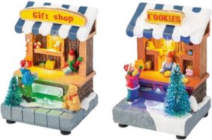 Merkloos Set van 2x stuks Kerstdorp cadeau winkel en koekjes winkel met verlichting 11 cm Kerstdorpen