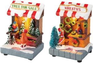 Merkloos Set van 2x stuks Kerstdorp kerstbomen winkeltje en kransen winkeltje met verlichting 11 cm Kerstdorpen