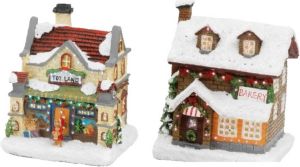 Merkloos Set van 2x stuks Kerstdorp kersthuisjes bakkerij en speelgoedwinkel met verlichting 12 5 cm Kerstdorpen