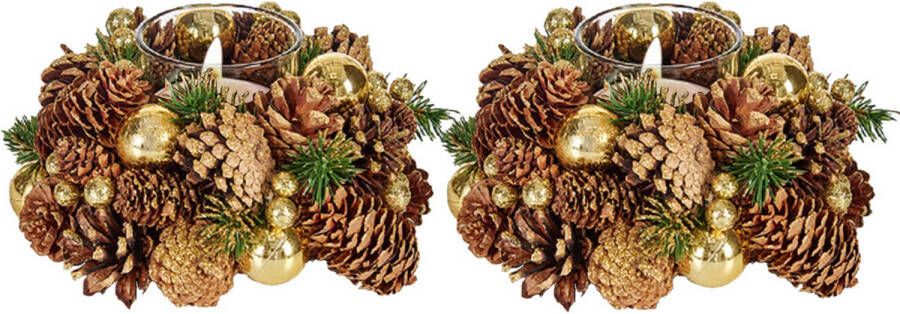 Merkloos Set van 2x stuks kerststukjes theelichthouders goud 18 cm incl. waxinelichtjes Waxinelichtjeshouders